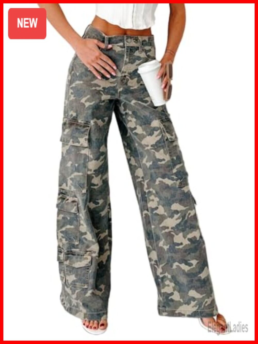 Women's Camo Cargo Pants High Waist Baggy Wide Leg Jogger Trousers